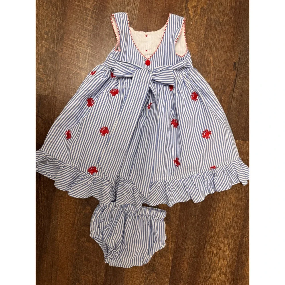 Cotton Kids Seersucker Crab Dress & Bloomers 12M Nautical Blue White Striped